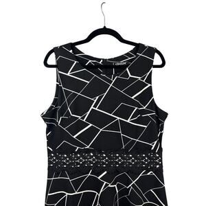 OWIN Women’s Black Tank Dress Size XL – White Geometric Print & Lace Detail
